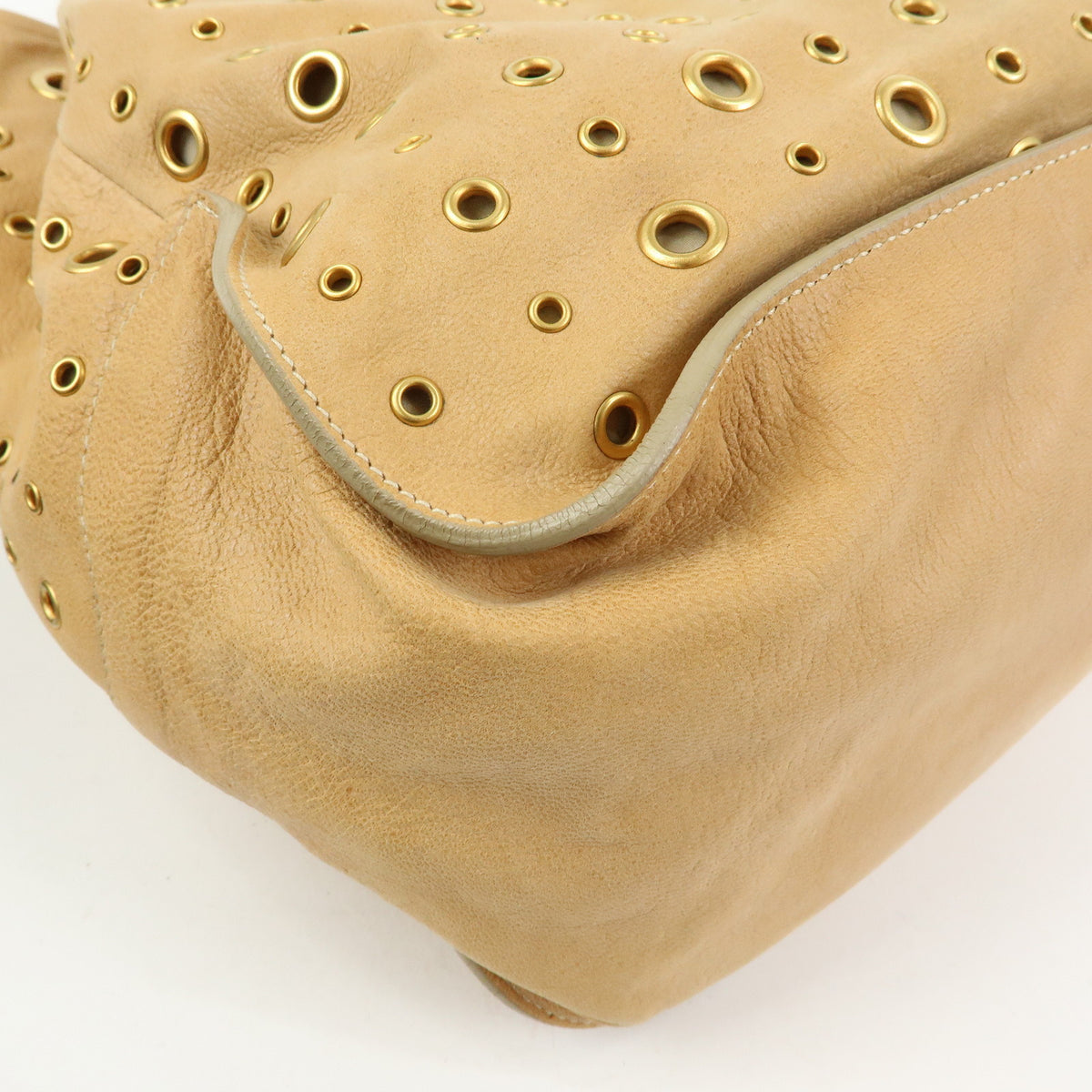 PRADA Triangle Logo Perforated Leather Tote Bag Tassel Beige BR3552