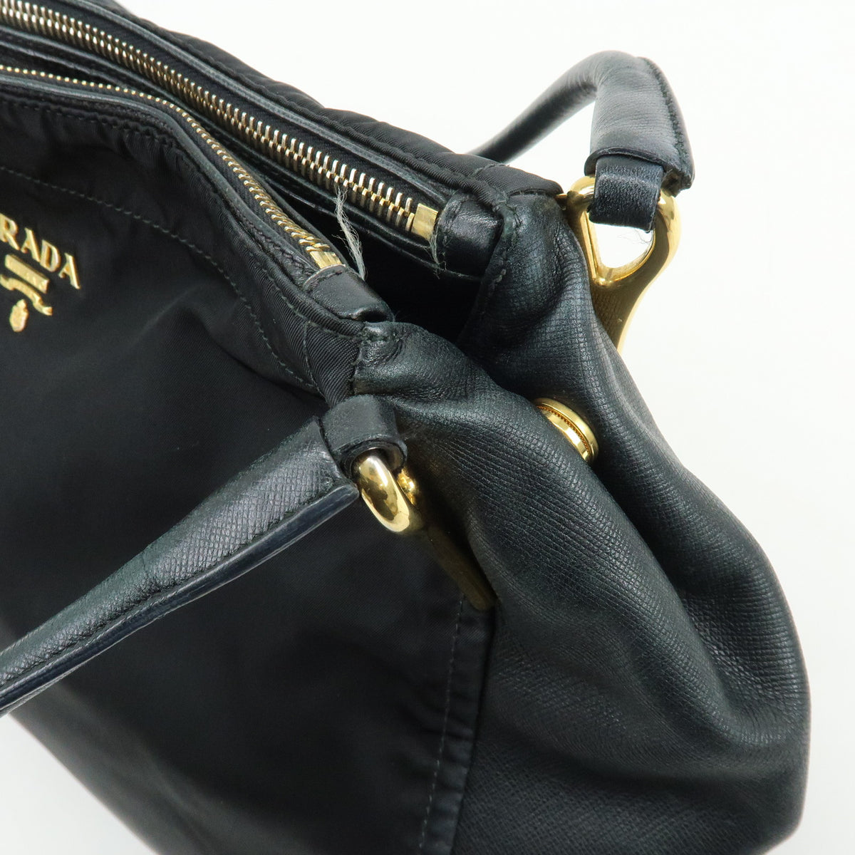PRADA Nylon Saffiano Leather Shoulder Bag Hand Bag Black