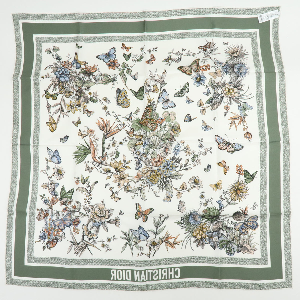 Christian Dior Silk 100% Butterfly Flower Motif Scarf Shawl Sage Green