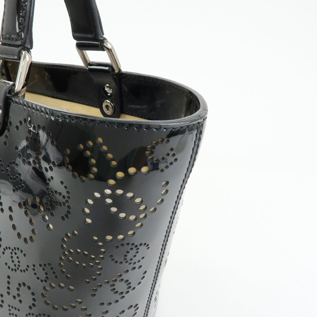 CHANEL COCO Mark Patent Leather Perforated Punching Hand Tote Bag Black