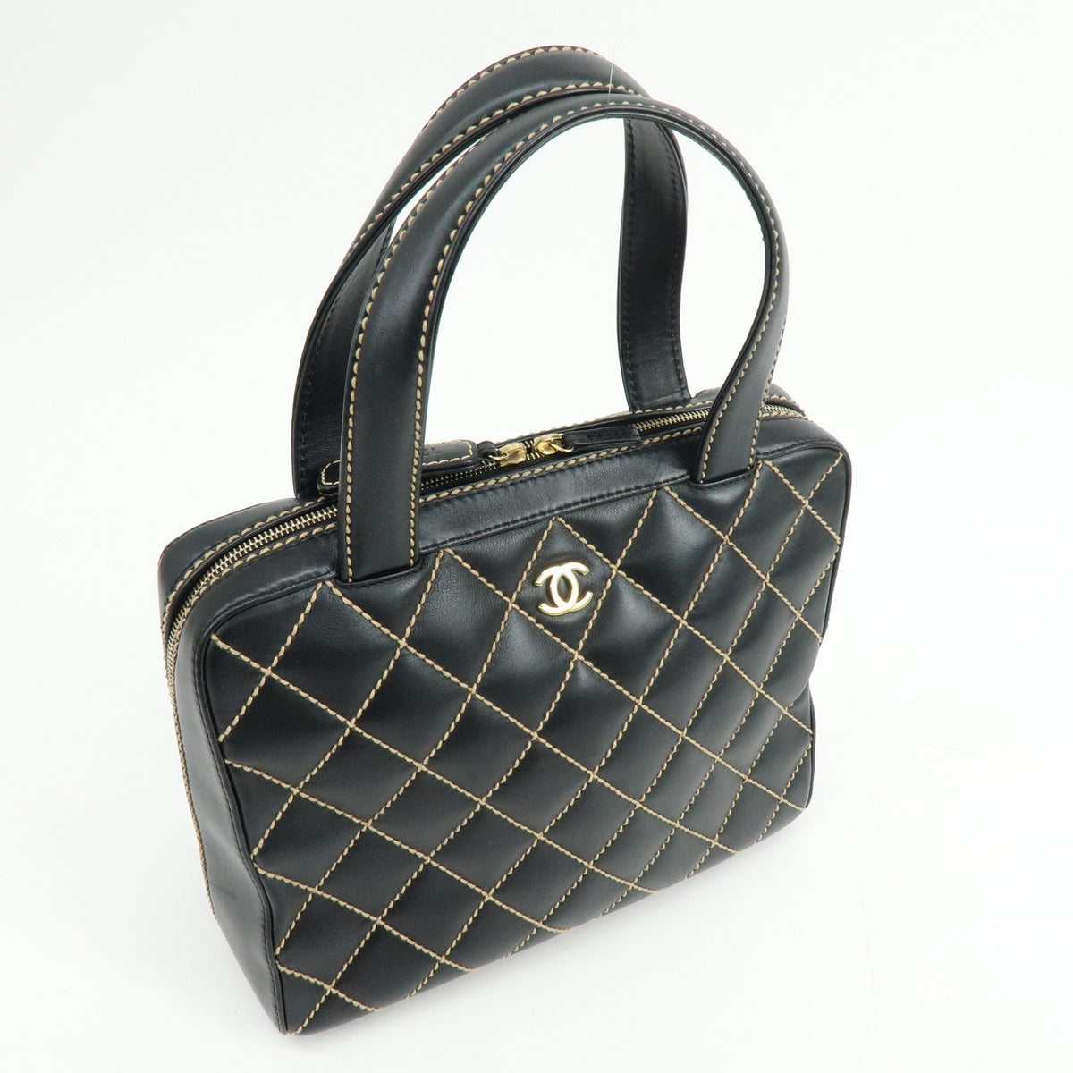 CHANEL Wild Stitch COCO Mark Calf Skin Hand Bag Black A14693