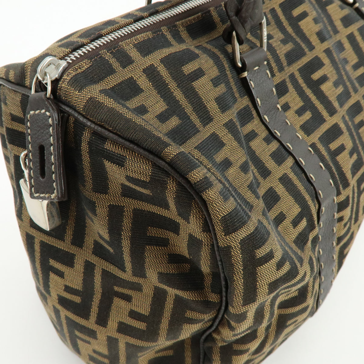 FENDI Zucca Selleria Jacquard Leather Shoulder Bag Boston Bag Brown