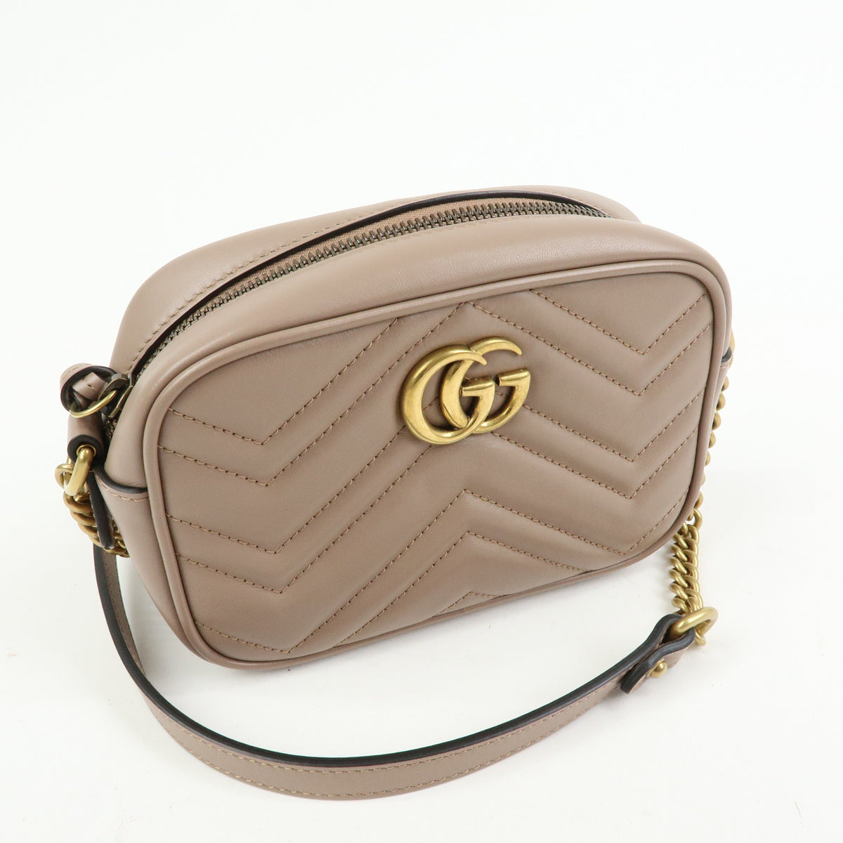 GUCCI GG Marmont Double G Leather Chain Shoulder Bag Pink Beige 448065