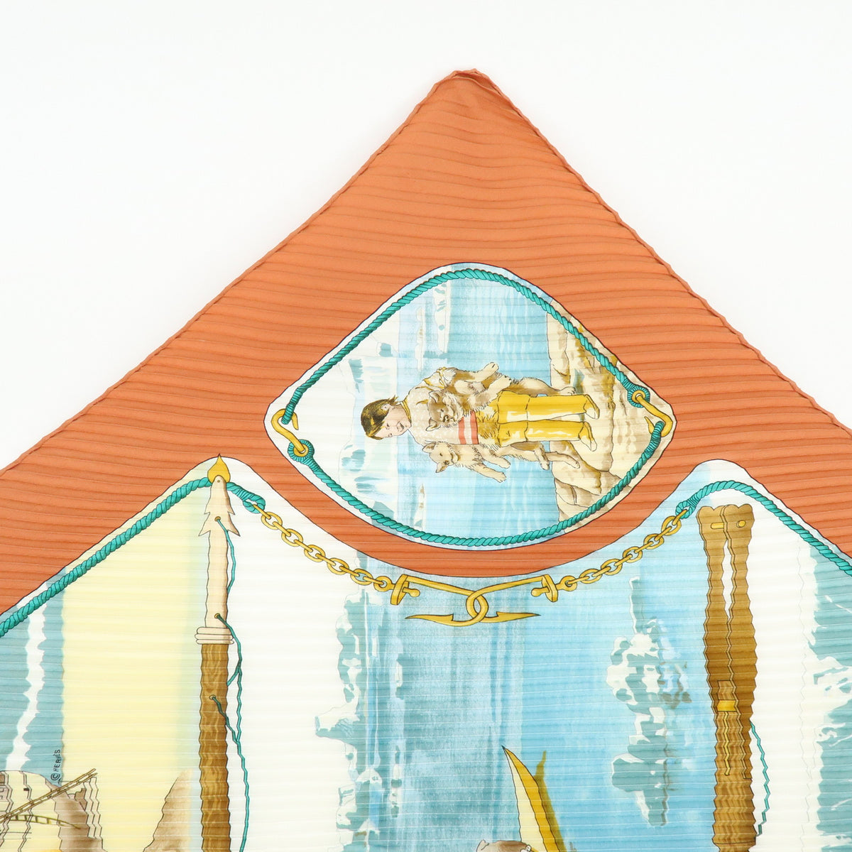 HERMES Silk100% Pleated Carre Scarf GRONLAND Brown Light Blue