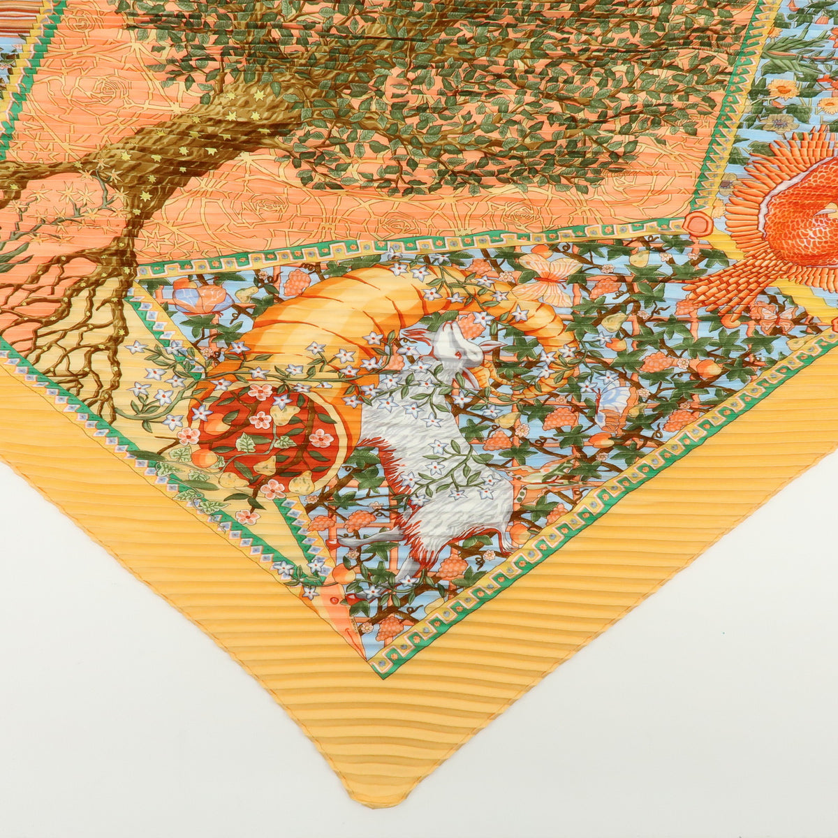 HERMES Pleated Carre Silk 100% Scarf AXIS MUNDI Orange