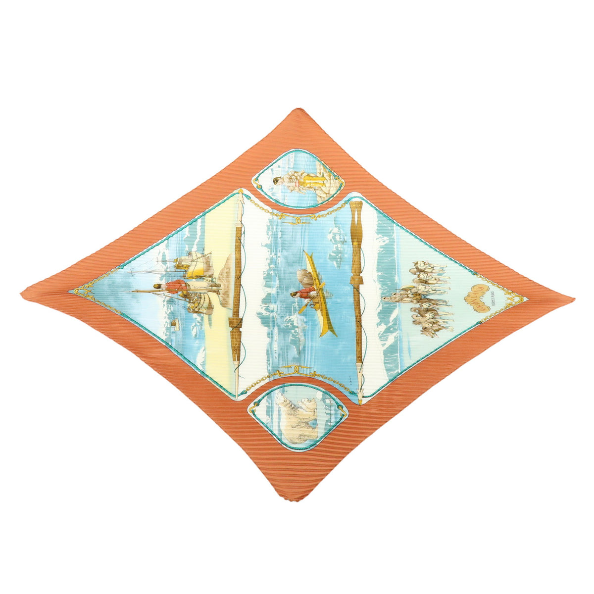 HERMES Silk100% Pleated Carre Scarf GRONLAND Brown Light Blue