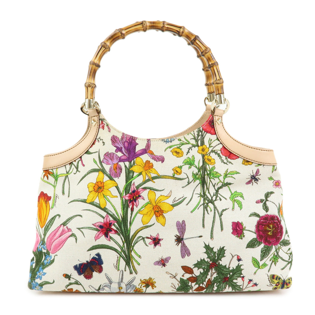 GUCCI Flora Bamboo Canvas Leather Shoulder Bag Hand Bag 137395