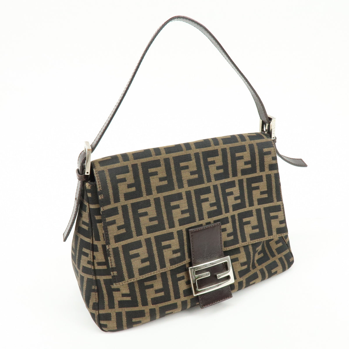 FENDI Mamma Baguette Zucca Canvas Leather Hand Bag Brown 26325
