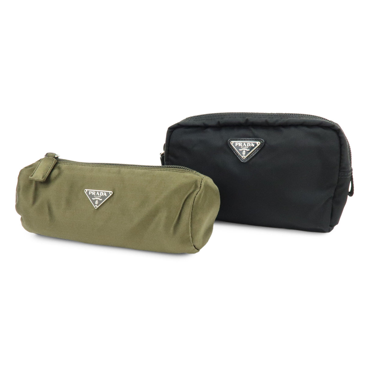 PRADA Triangle Logo Lot of 2 Nylon Pouch Cosmetic Case Black Khaki