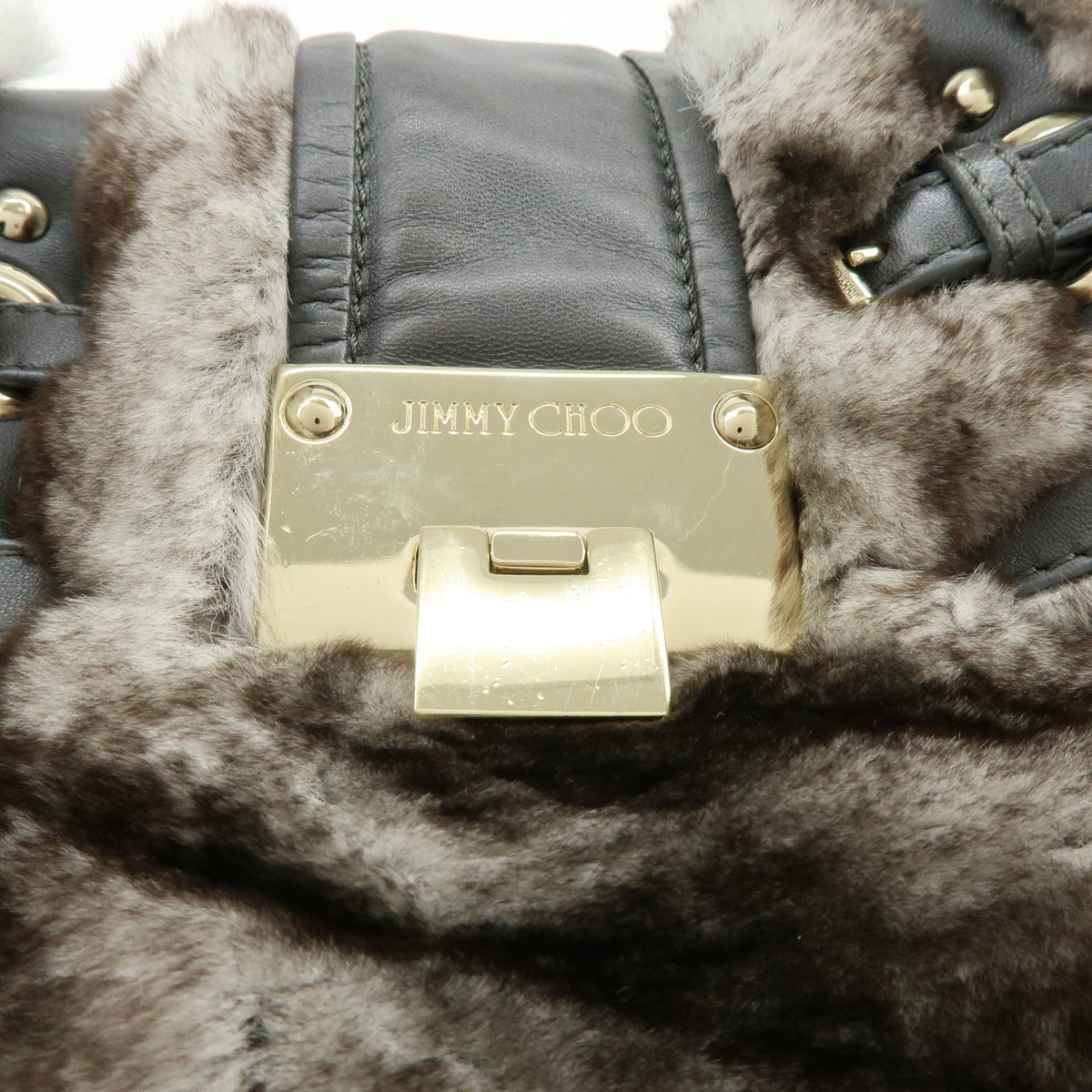 JIMMY CHOO Lapin Rabbit Fur Leather Hand Bag Tote Bag Brown Gray