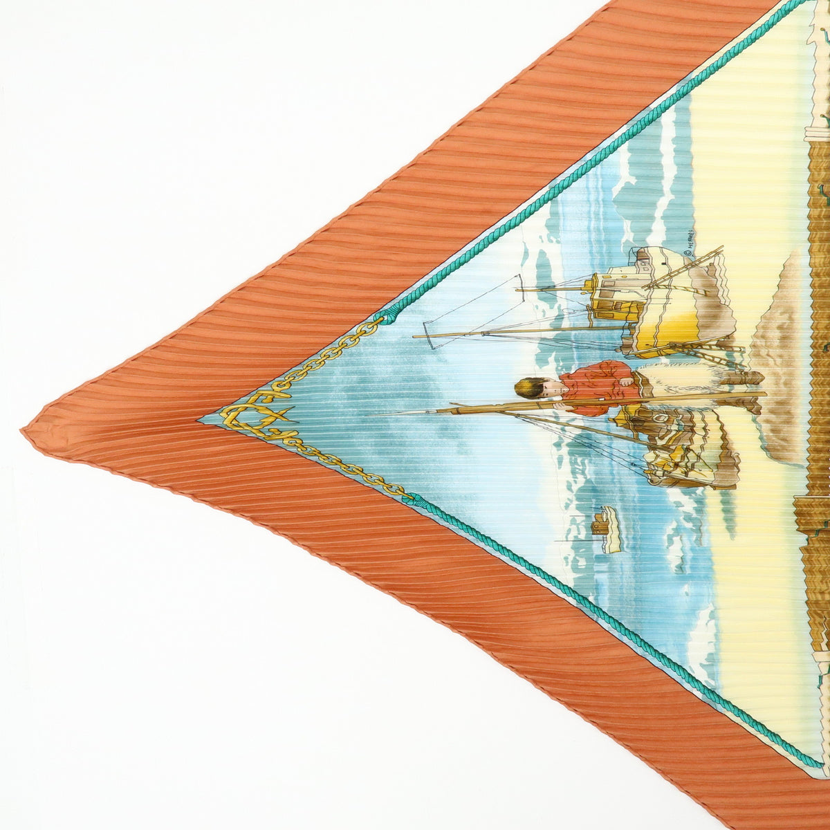 HERMES Silk100% Pleated Carre Scarf GRONLAND Brown Light Blue