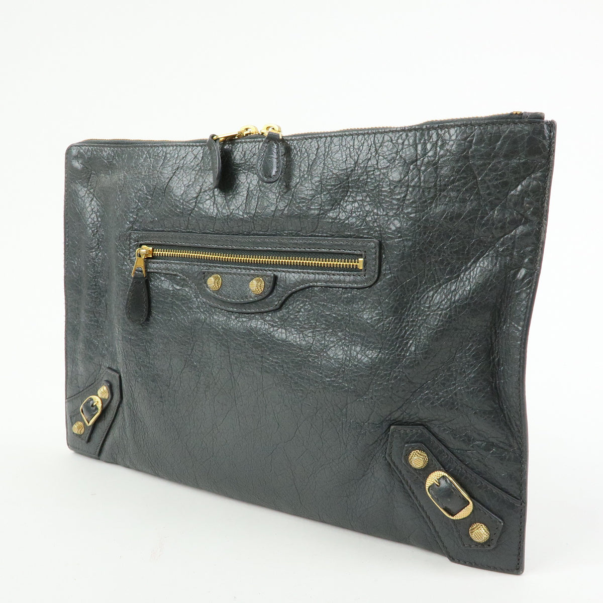 BALENCIAGA City Giant Motor Clutch Bag Leather Pouch Gray 370994