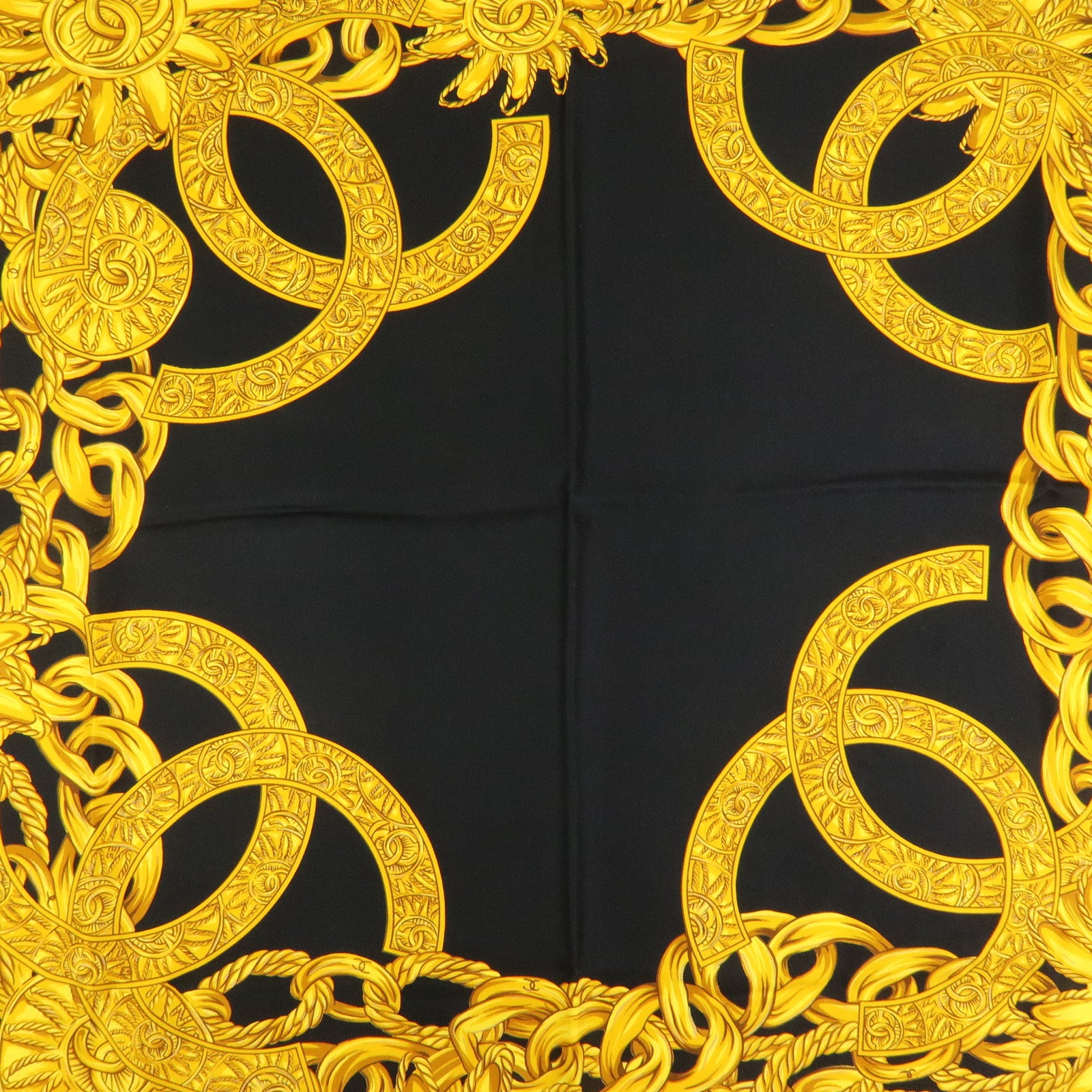 CHANEL COCO Mark Silk 100% Scarf Chain Black Gold