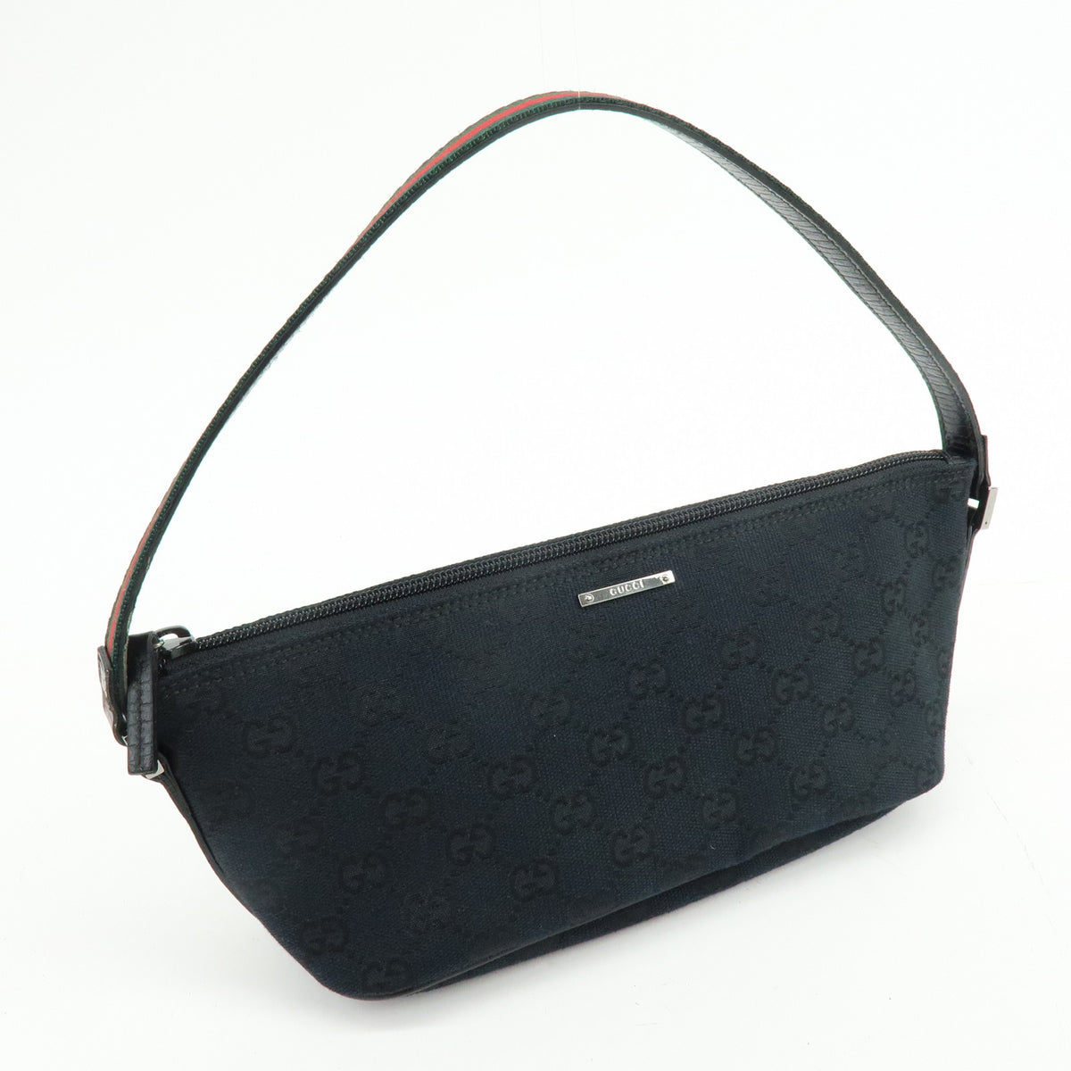 GUCCI Boat Bag Sherry GG Canvas Leather Hand Bag Pouch Black 141809