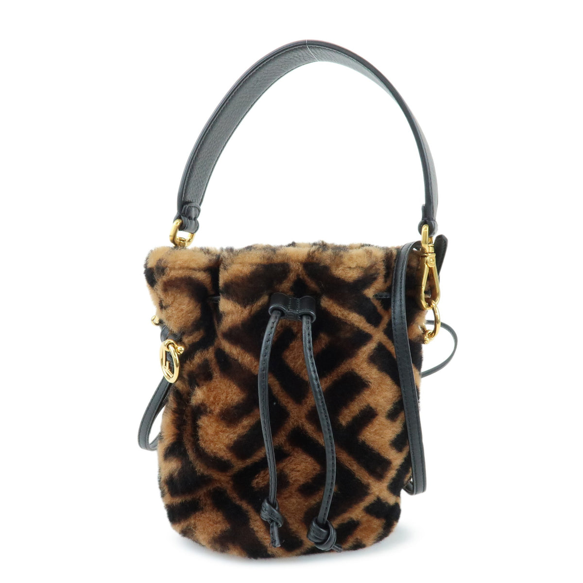 FENDI Zucca Mon Tresor Mouton Leather 2Way Hand Bag Brown Black 8BS010