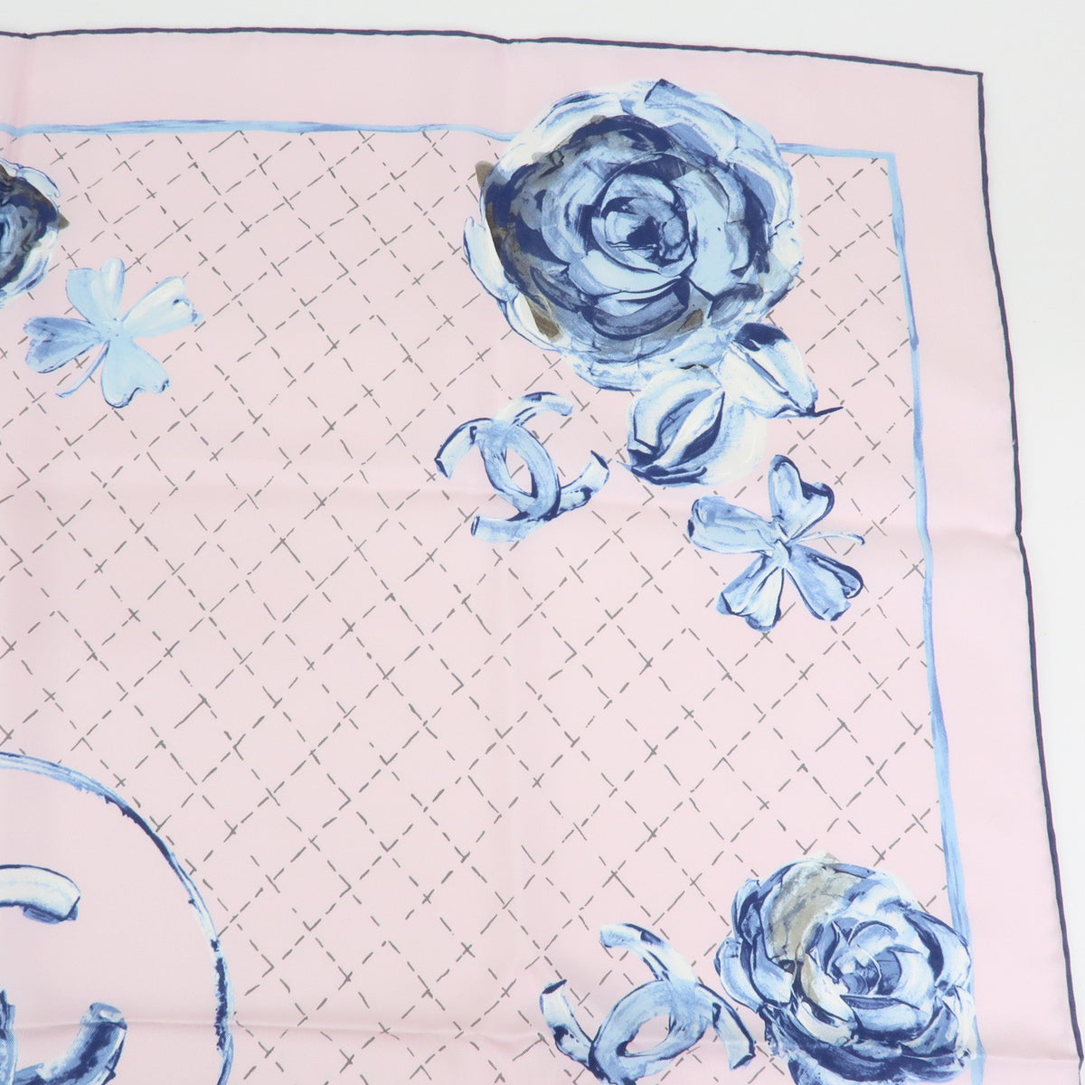 CHANEL COCO Mark Silk 100% Scarf Flower Rose Pink Blue