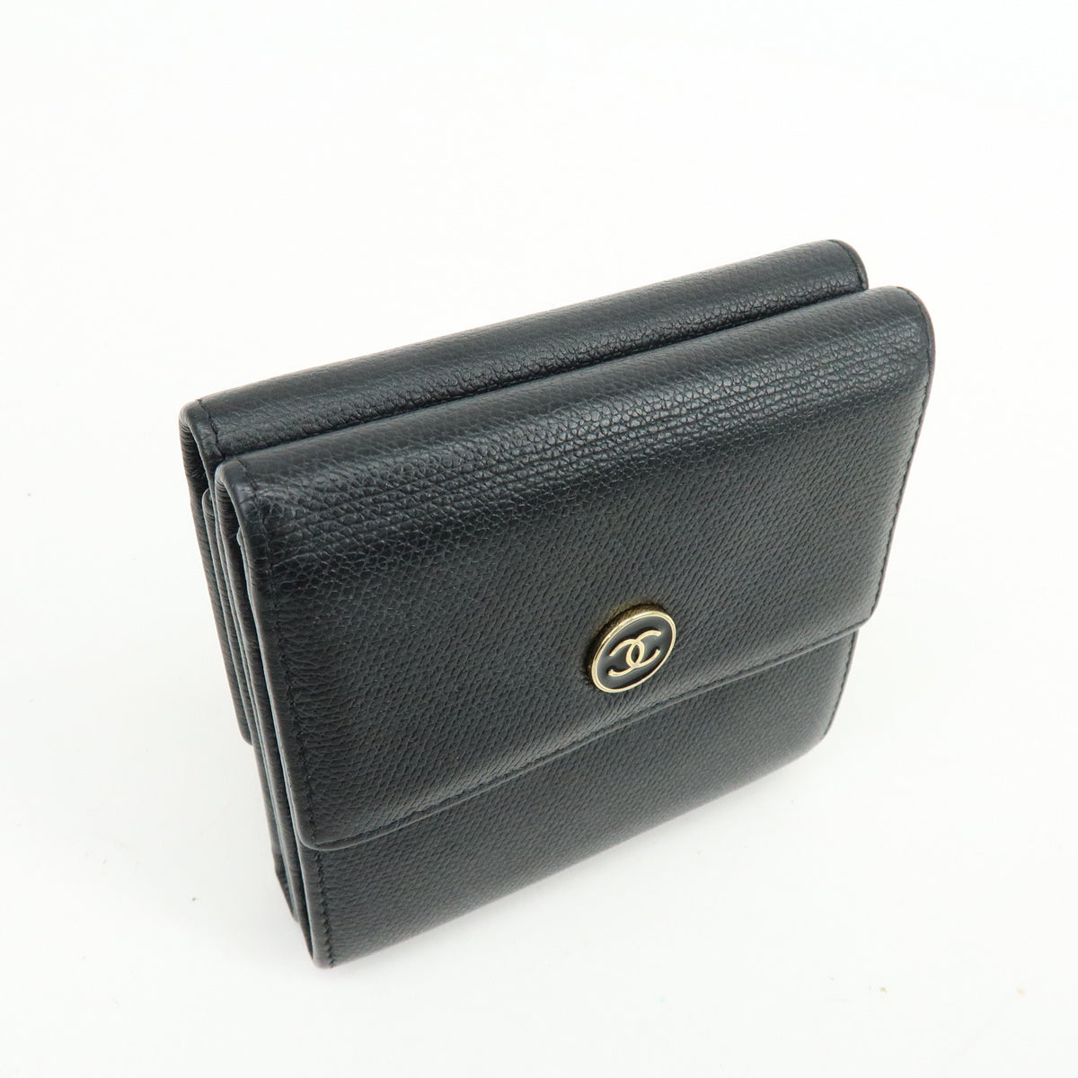 CHANEL COCO Button Calf Skin W Hook Compact Wallet Black A20902