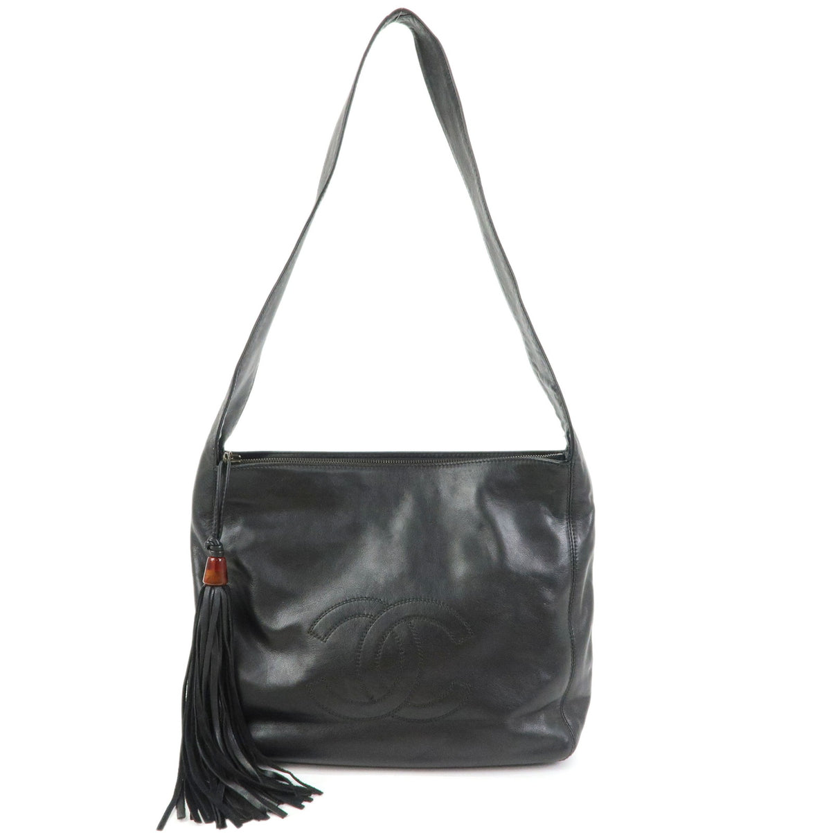 CHANEL COCO Mark Lamb Skin Leather Shoulder Bag Tassel Black Brown