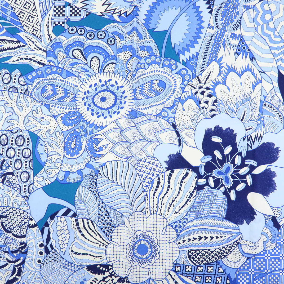 HERMES Carre 90 Silk Scarf 100% FLEURS DINDIENNES Blue White
