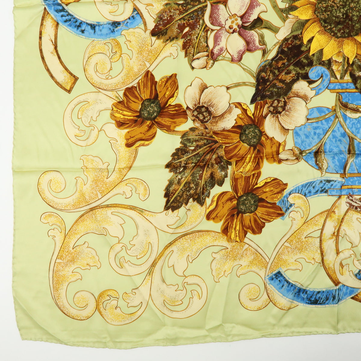CHANEL Silk100% Sunflower Pattern Scarf Shawl Light Green