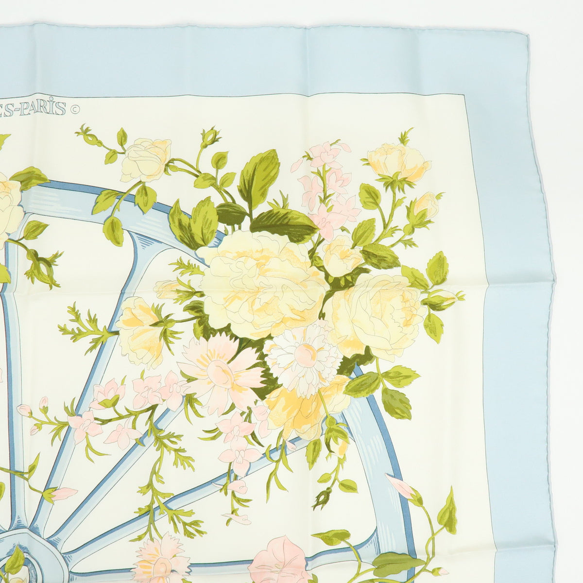 HERMES Carre 90 Silk 100% Scarf ROMANTIQUE Light Blue Light Green Pink