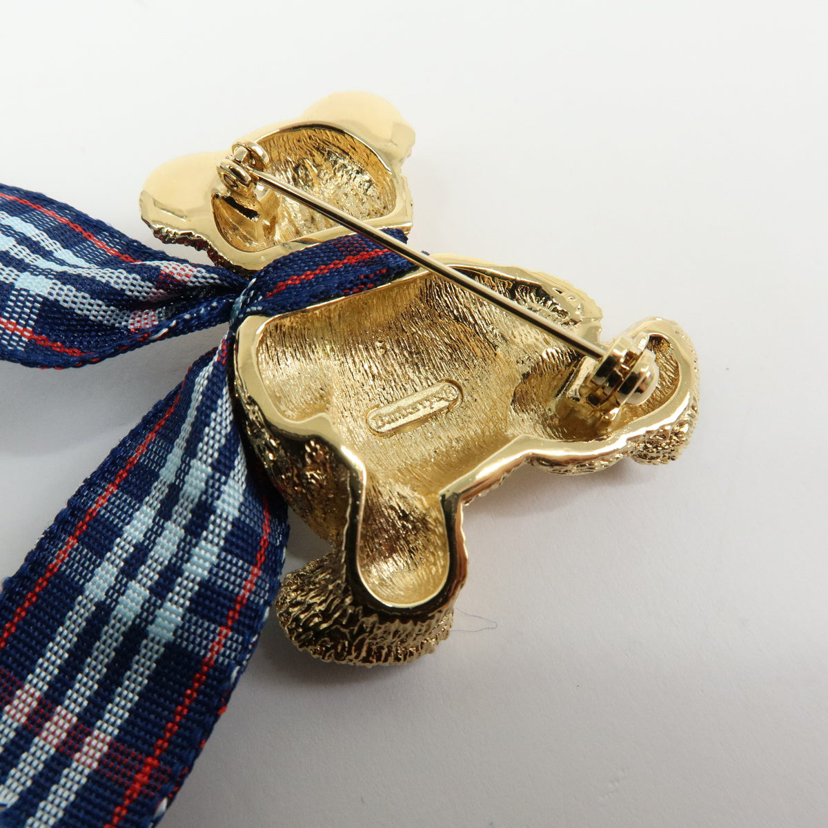 BURBERRY Teddy Bear With Plaid Ribbon Metal Pin Brooch Gold
