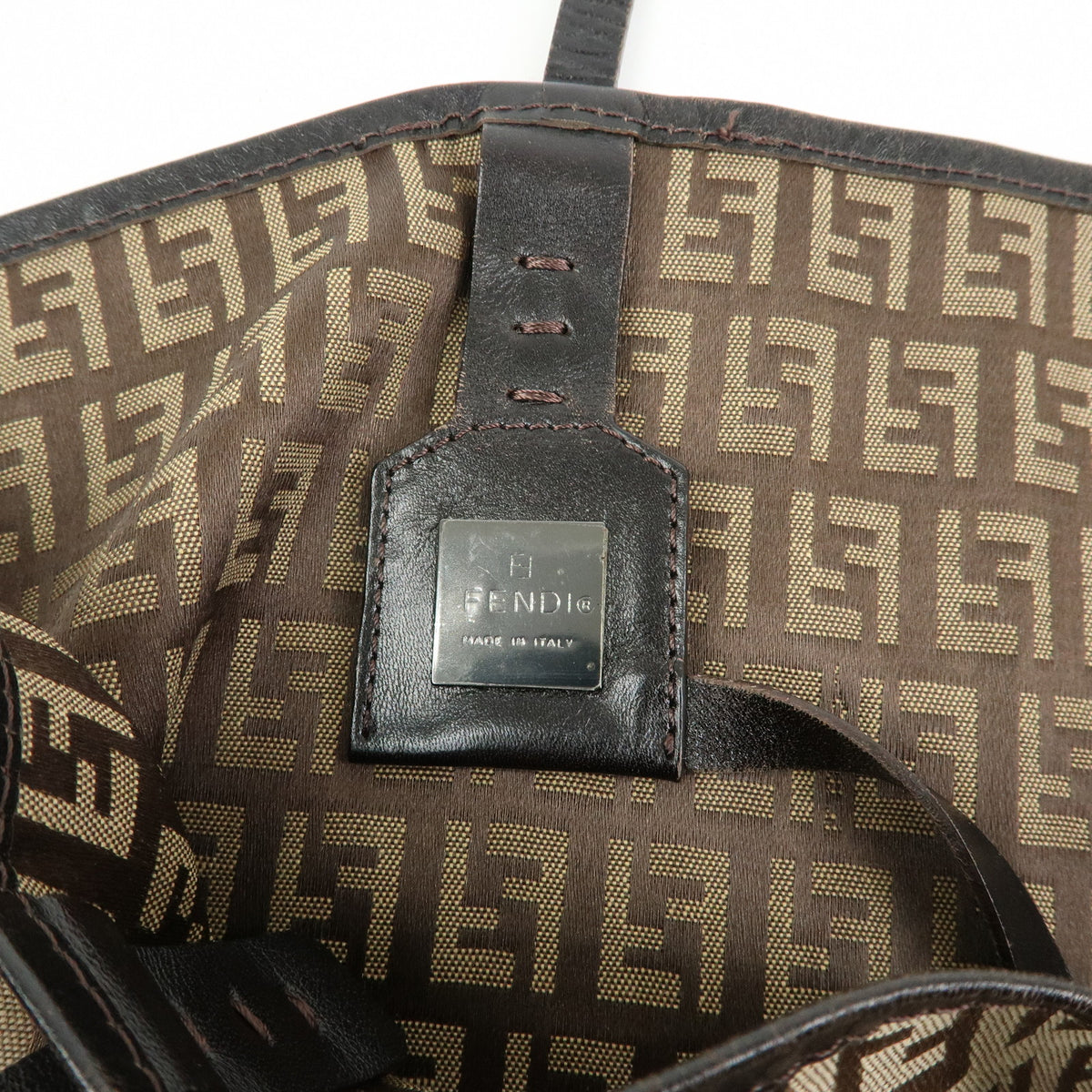 FENDI Zucchino Canvas Leather Tote Bag Hand Bag Brown 8BH005