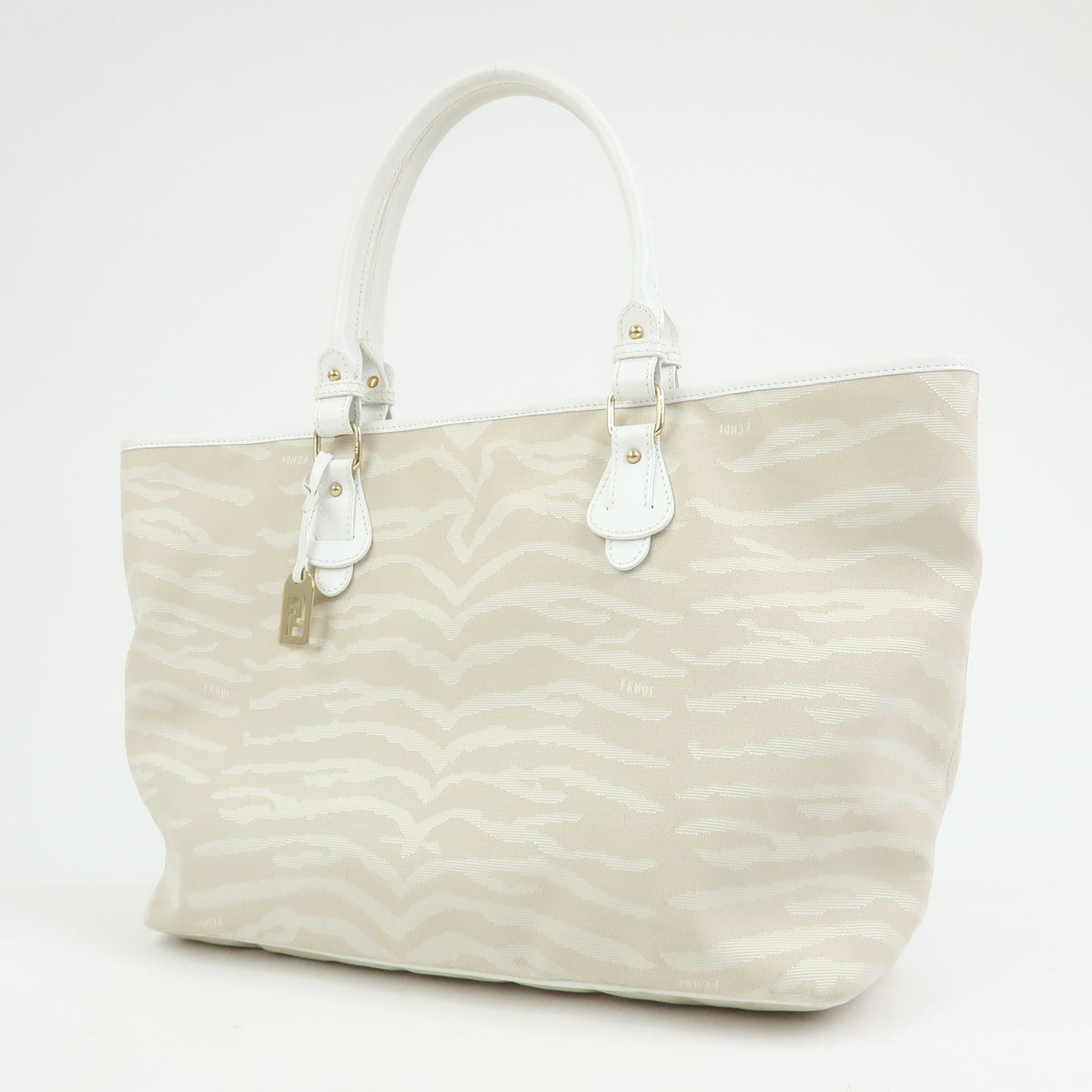 FENDI Canvas Leather Zebra Pattern Tote Bag Hand Bag Beige White 8BH115