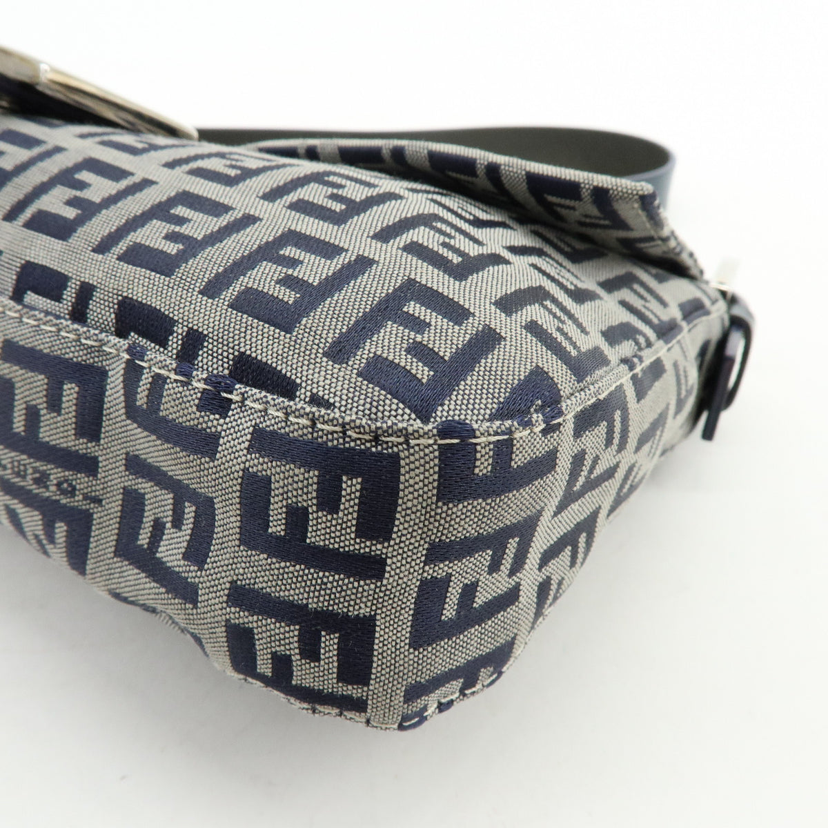 FENDI Mamma Baguette Zucchino Canvas Leather Shoulder Bag Navy 26424