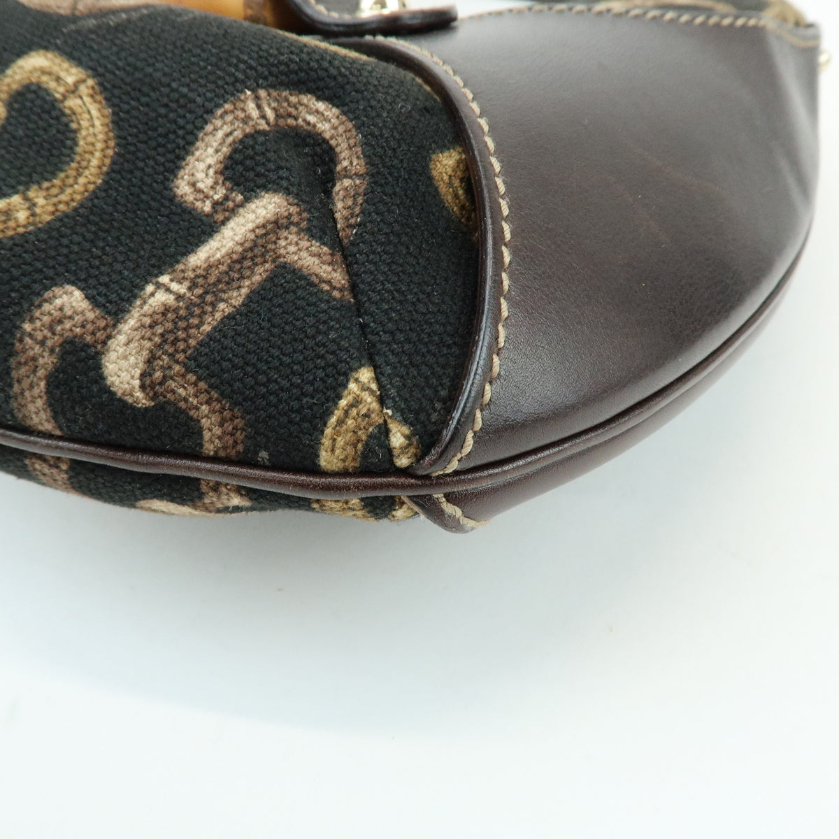 GUCCI Bamboo Horsebit Canvas Leather Shoulder Bag Dark Brown 154378