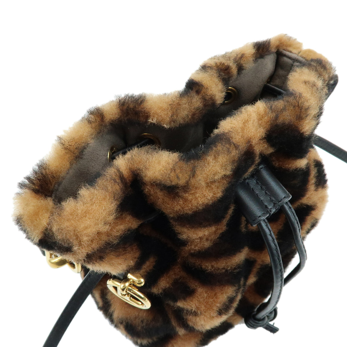 FENDI Zucca Mon Tresor Mouton Leather 2Way Hand Bag Brown Black 8BS010