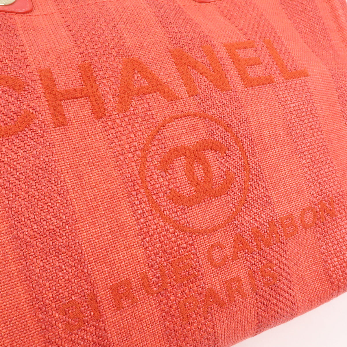 CHANEL Deauville MM Straw Canvas Leather Tote Shoulder Bag Red A67001