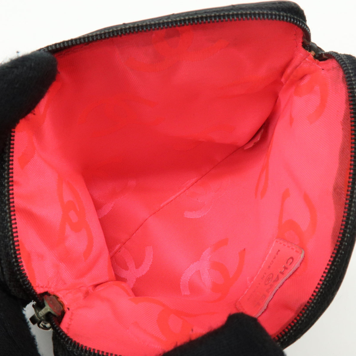 CHANEL Cambon Line COCO Mark Calf Skin Cosmetic Pouch Black White