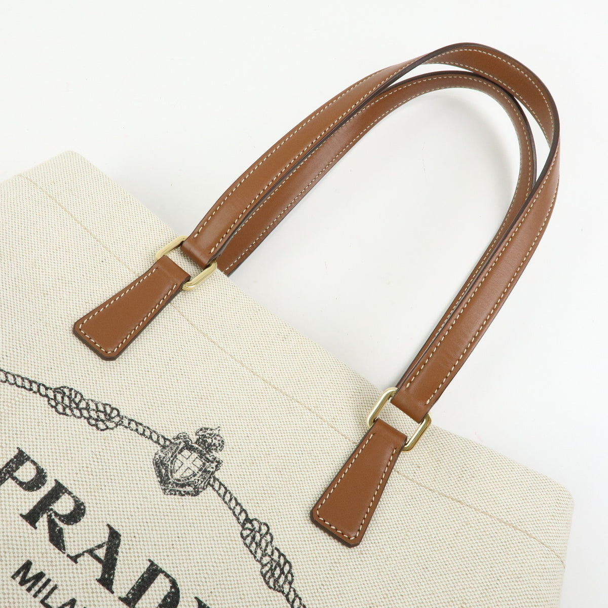 PRADA Logo Linen Leather Tote Bag Shoulder Bag Natural Brown 1BG356