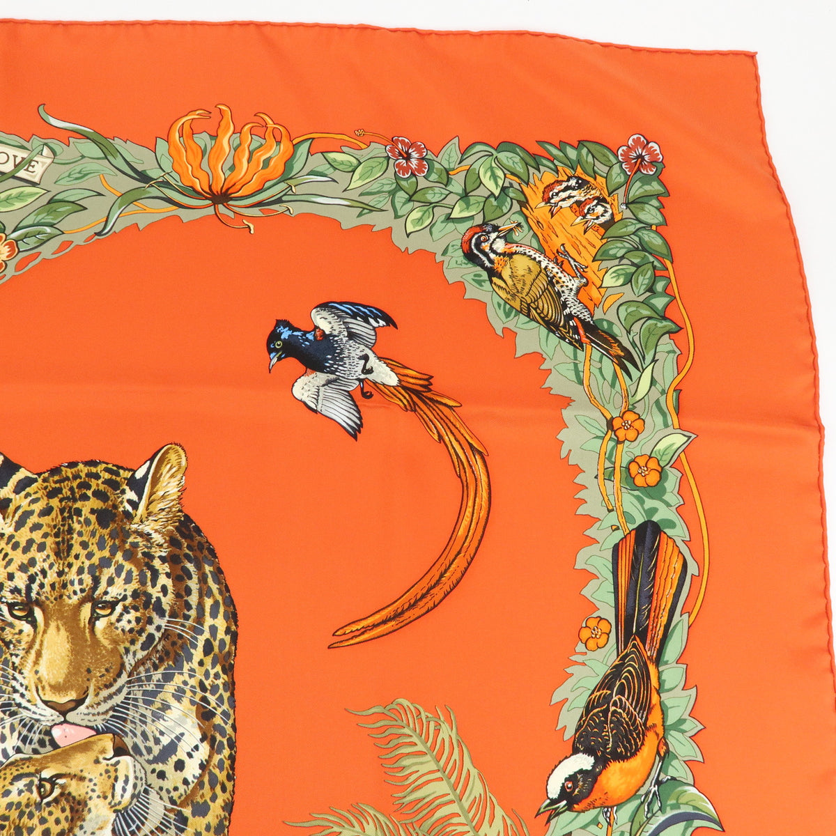HERMES Carre 90 Silk 100% Scarf JUNGLE LOVE Red Green Ivory