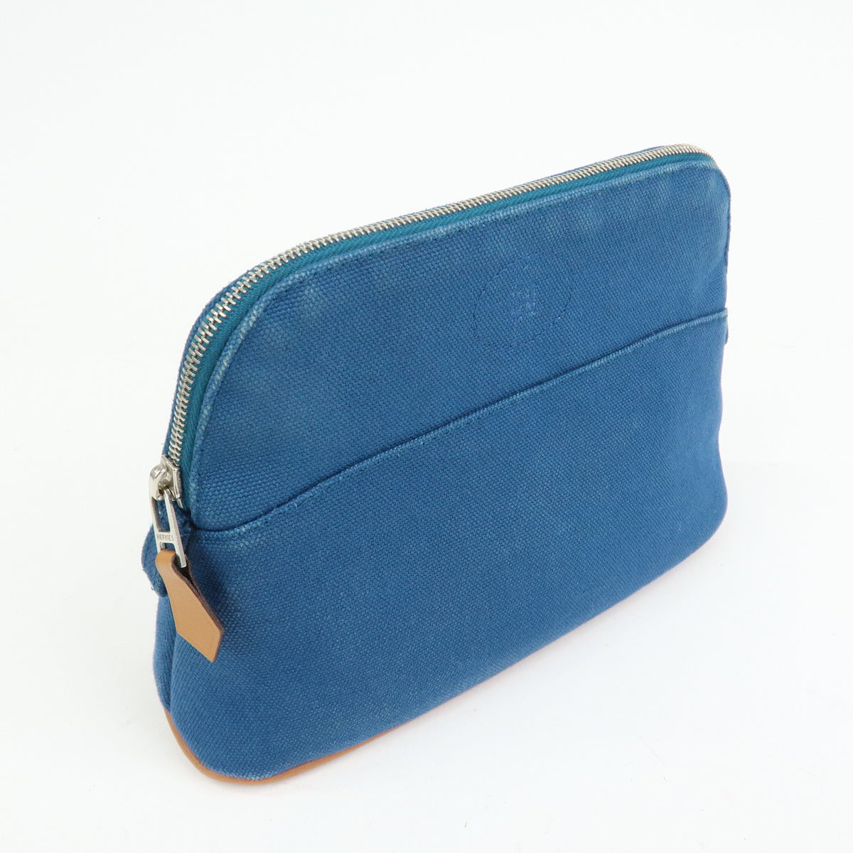 HERMES Bolide Mini Cotton Leather Cosmetic Pouch Blue