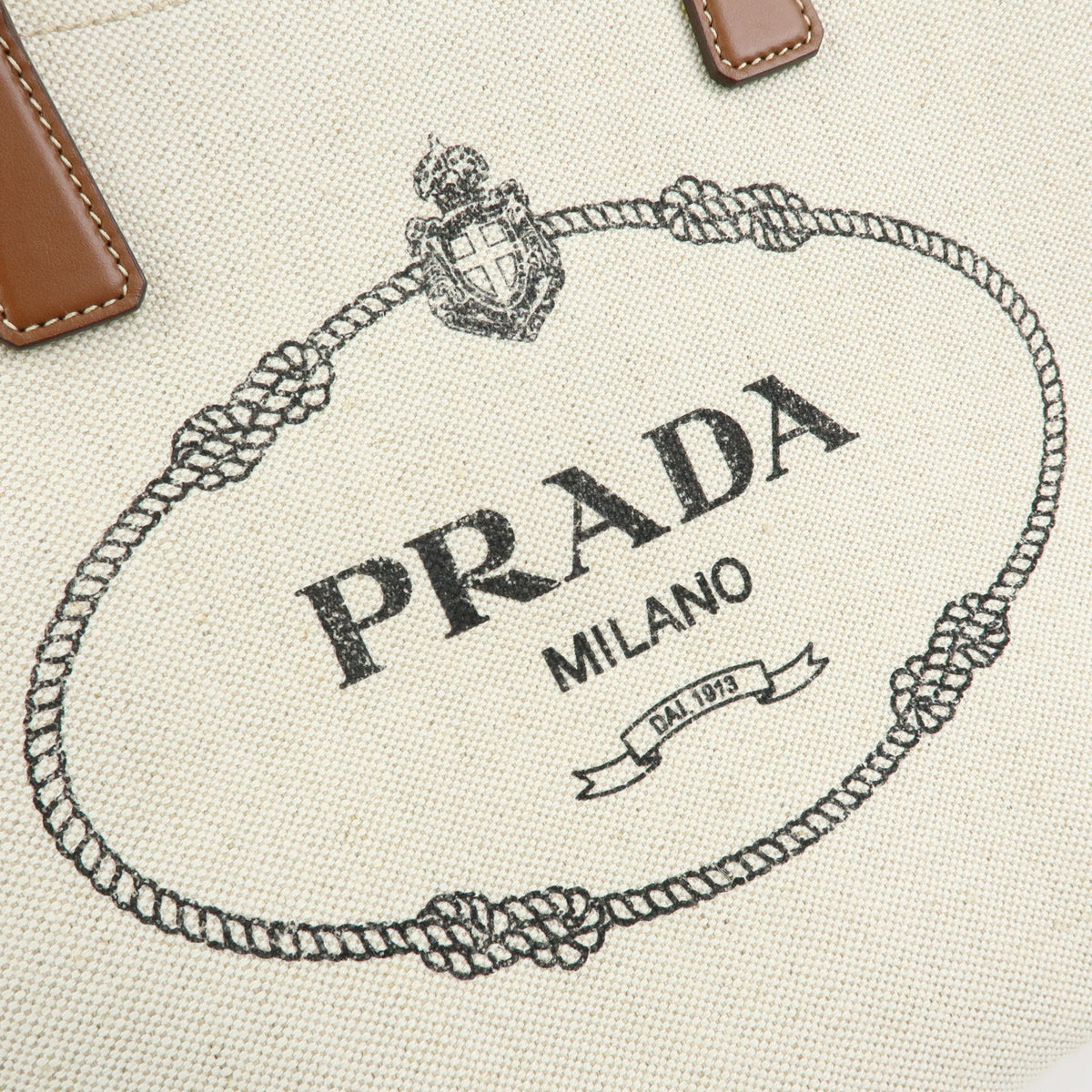 PRADA Logo Linen Leather Tote Bag Shoulder Bag Natural Brown 1BG356