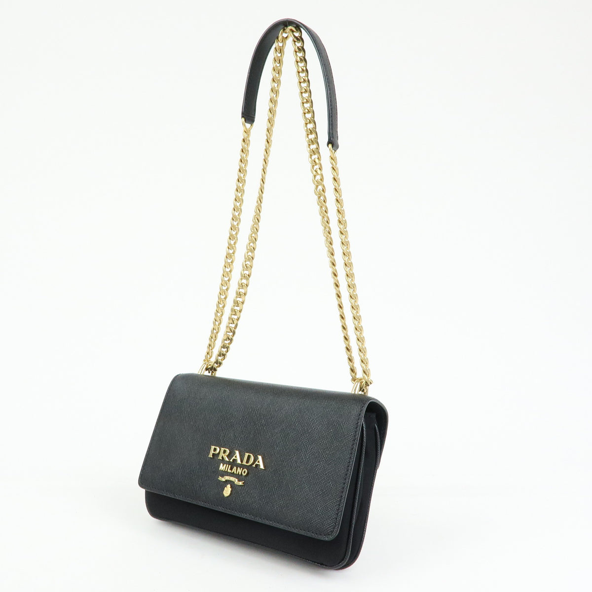 PRADA Logo Saffiano Nylon Leather Chain Shoulder Crossbody Bag Black