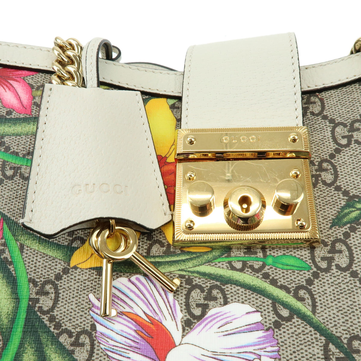 GUCCI Padlock Flora GG Small GG Supreme Chain Shoulder Bag White 498156