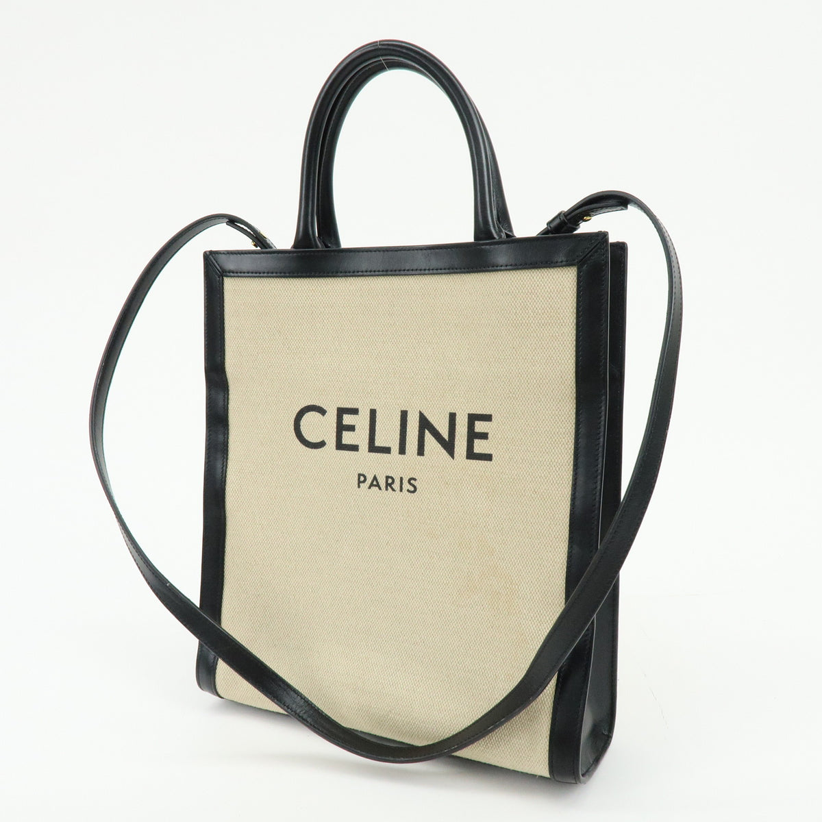 CELINE Small Verical Cabas Canvas Leather 2WAY Bag Tote Bag Beige Black