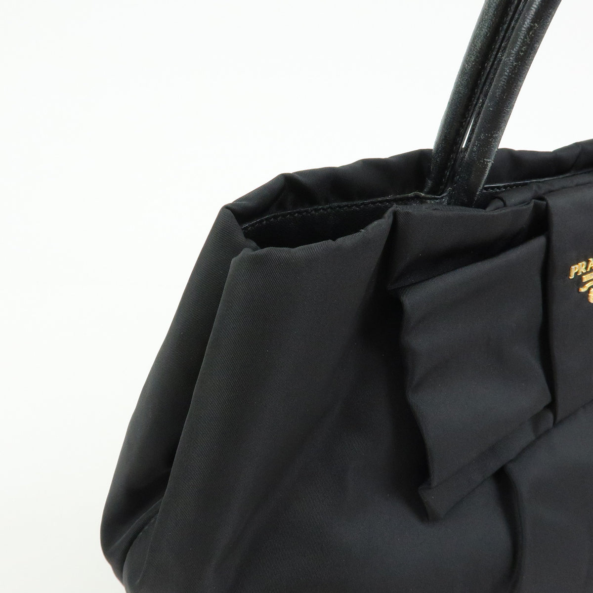 PRADA Nylon Leather Ribbon Hand Bag Tote Bag Black BN1601
