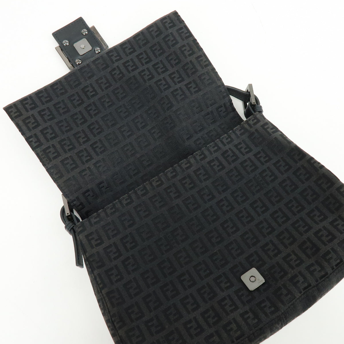 FENDI Mamma Baguette Zucchino Canvas Leather Shoulder Bag Black 8BR001