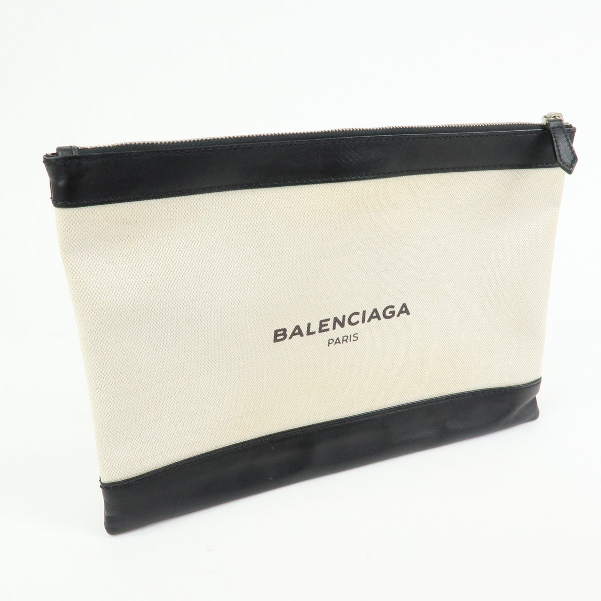 BALENCIAGA Navy Clip M Canvas Leather Clutch Bag Natural Black 373834