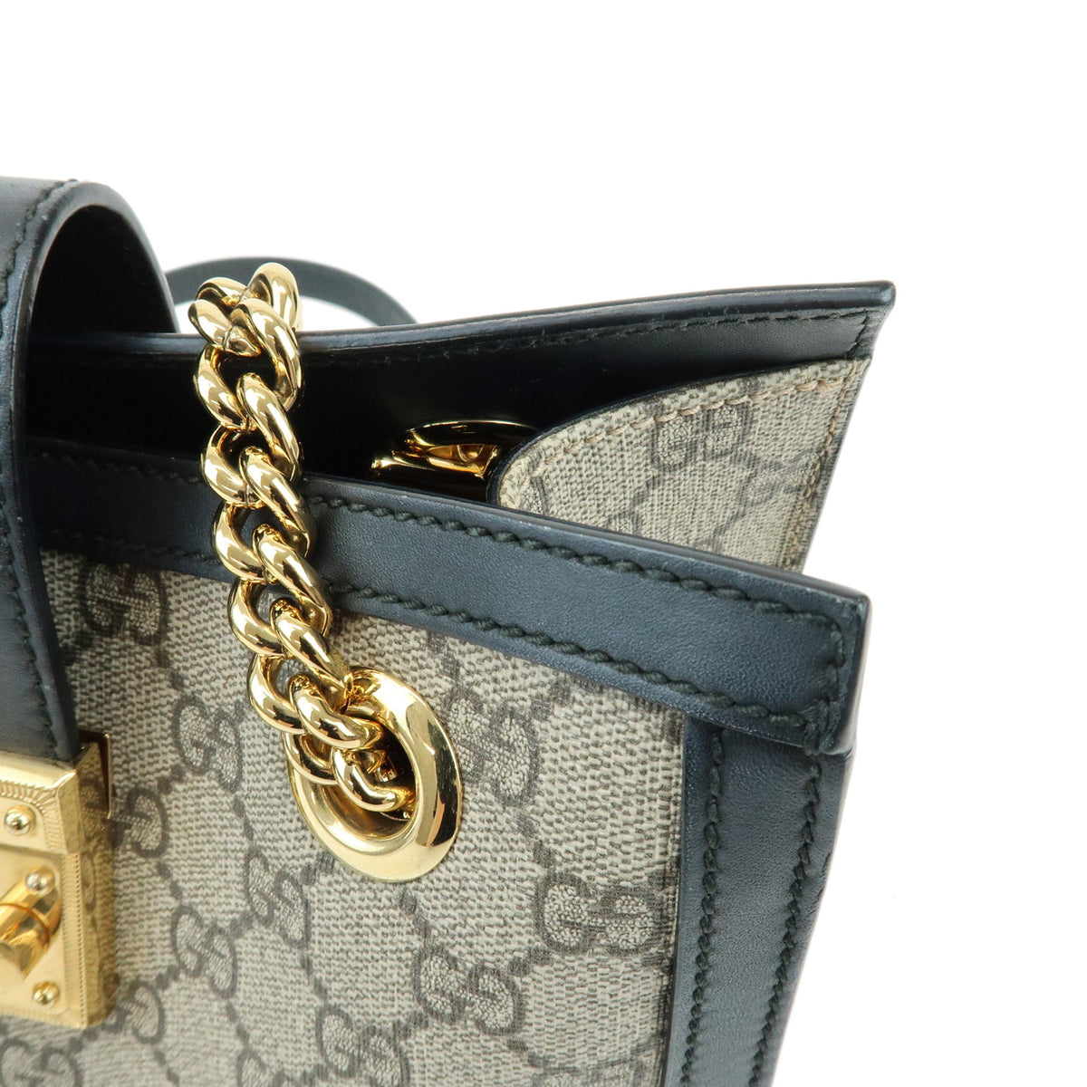 GUCCI Padlock GG Supreme Leather Chain Shoulder Bag Beige Black 498156