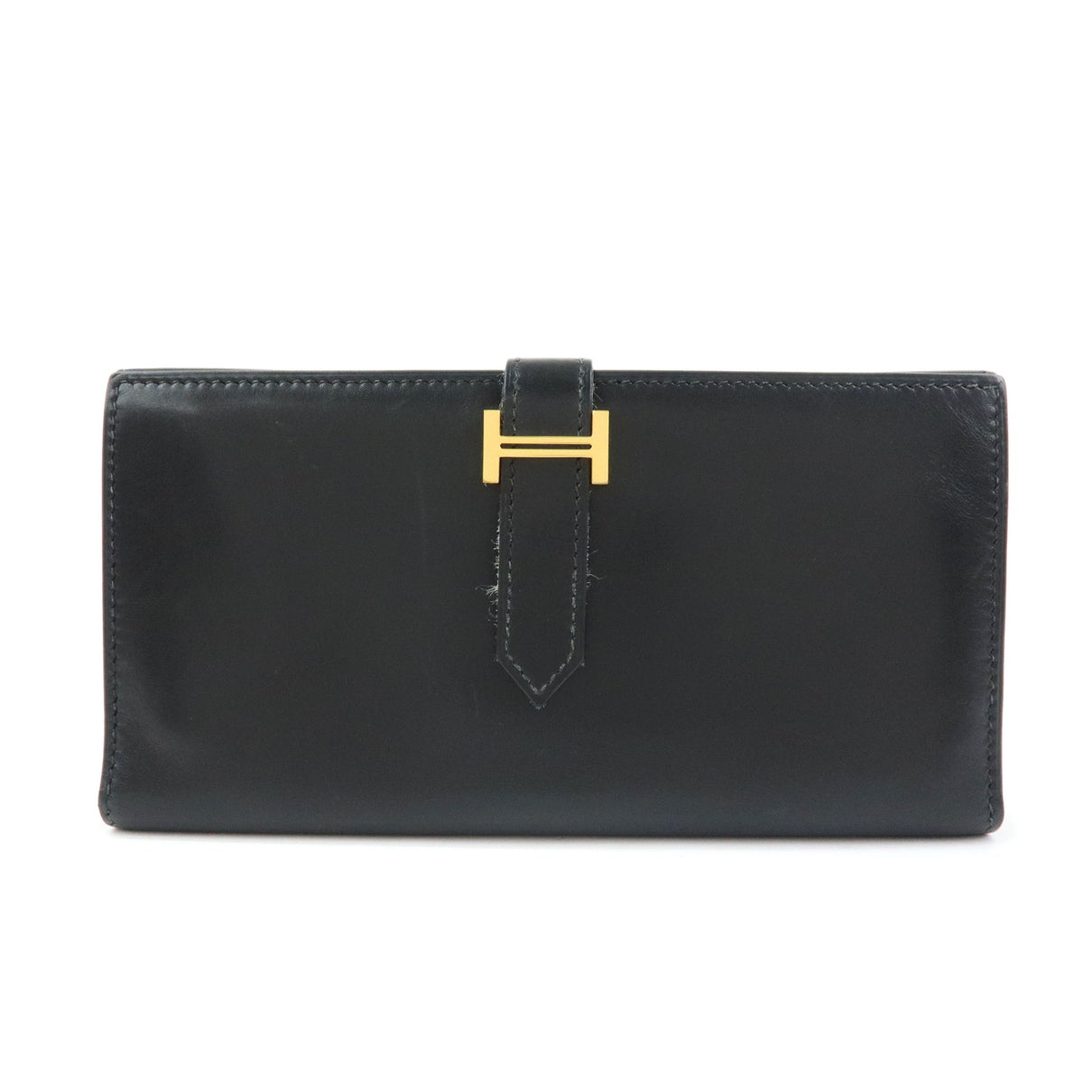 HERMES Bearn Leather Bi-fold Long Wallet □I Stamped Black Gold