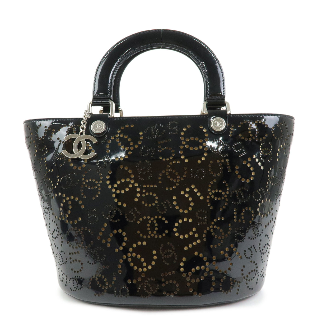 CHANEL COCO Mark Patent Leather Perforated Punching Hand Tote Bag Black
