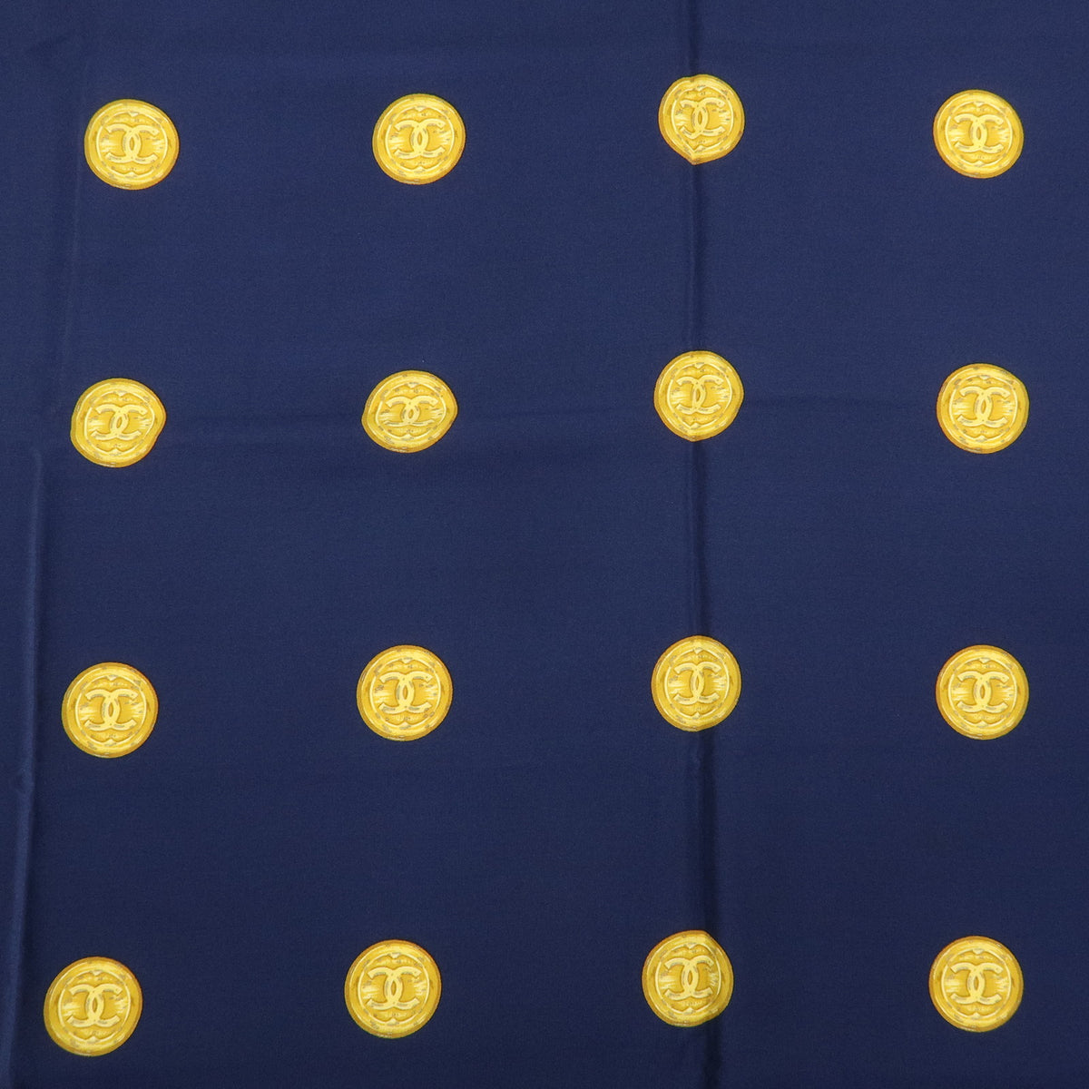 CHANEL COCO Mark Silk 100% Scarf Coin Strip Navy White Yellow