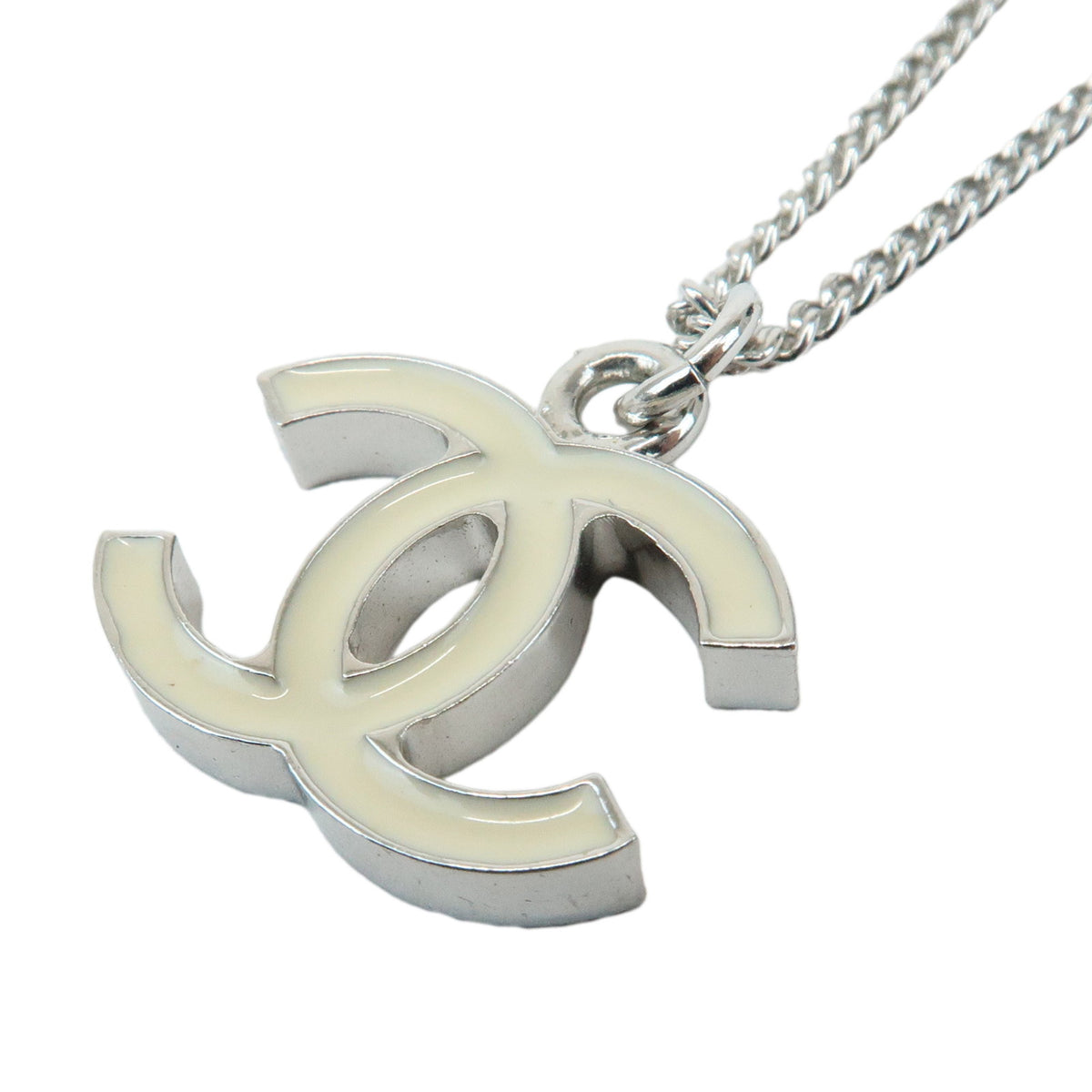 CHANEL COCO Mark Metal Necklace Silver Off White A26877