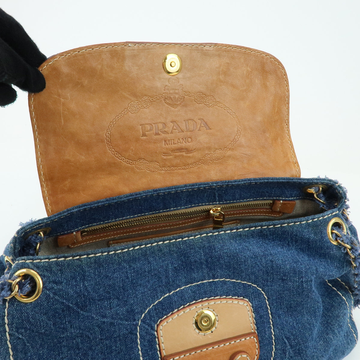 PRADA Front Flap Denim Leather Chain Shoulder Bag Blue Camel BR4659