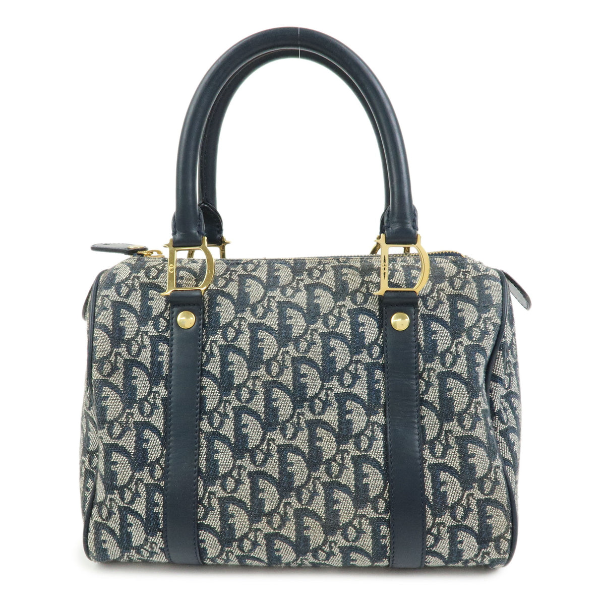 Christian Dior Trotter Jacquard Canvas Leather Boston Bag Hand Bag Navy